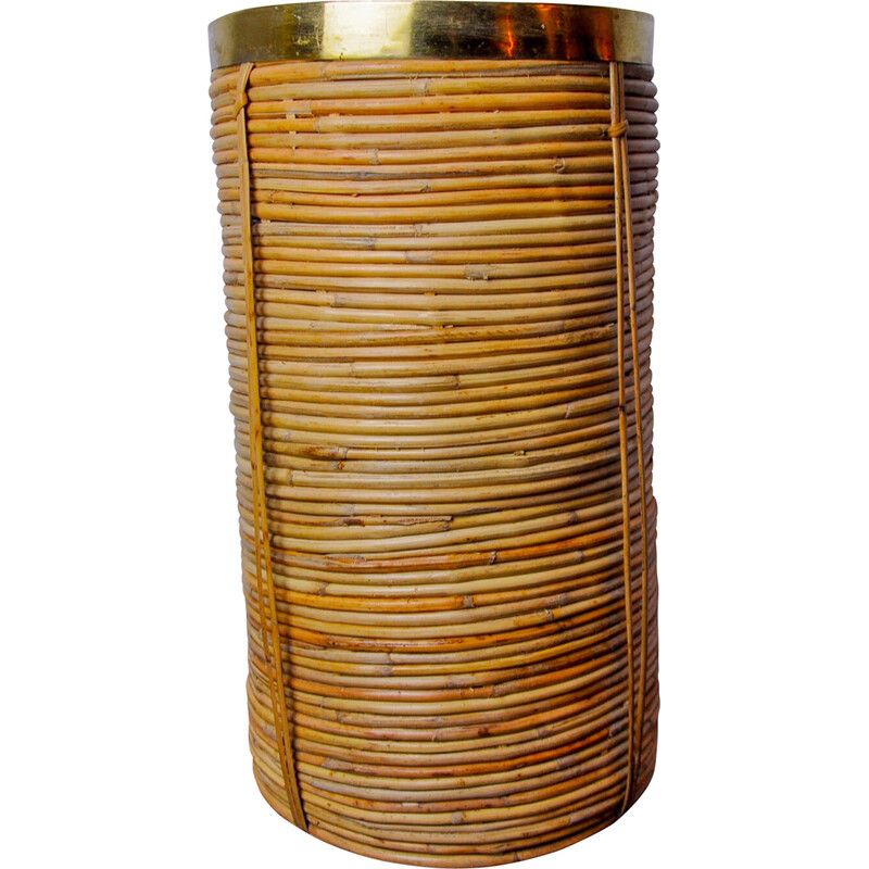 Vintage umbrella stand in rattan and brass, Italy 1970