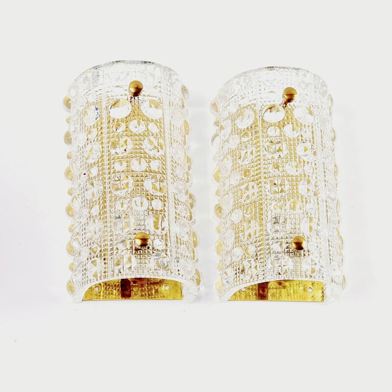 Pair of vintage Scandinavian glass and brass wall lamps Venus model by Carl Fagerlund for Orrefors, 1960s