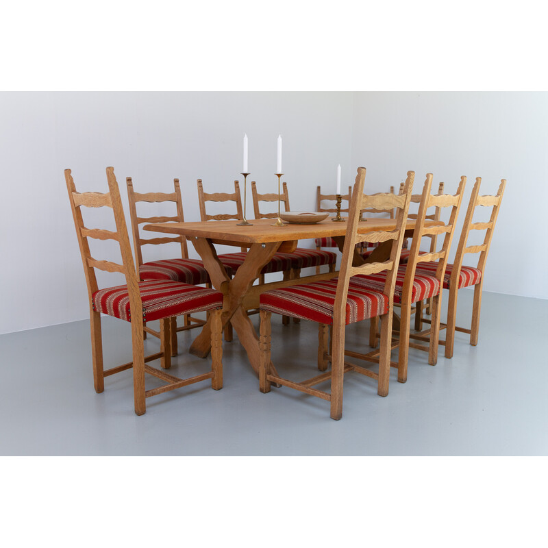 Set di 10 sedie da pranzo danese brutalista vintage con schienale a scaletta in legno di quercia, anni '60