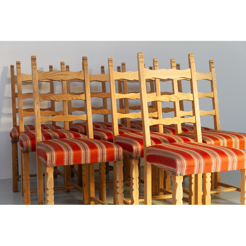 Set of 10 vintage Danish Brutalist ladder back oakwood dining chairs, 1960s