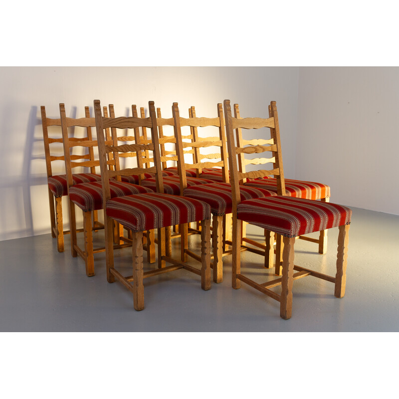 Set of 10 vintage Danish Brutalist ladder back oakwood dining chairs, 1960s