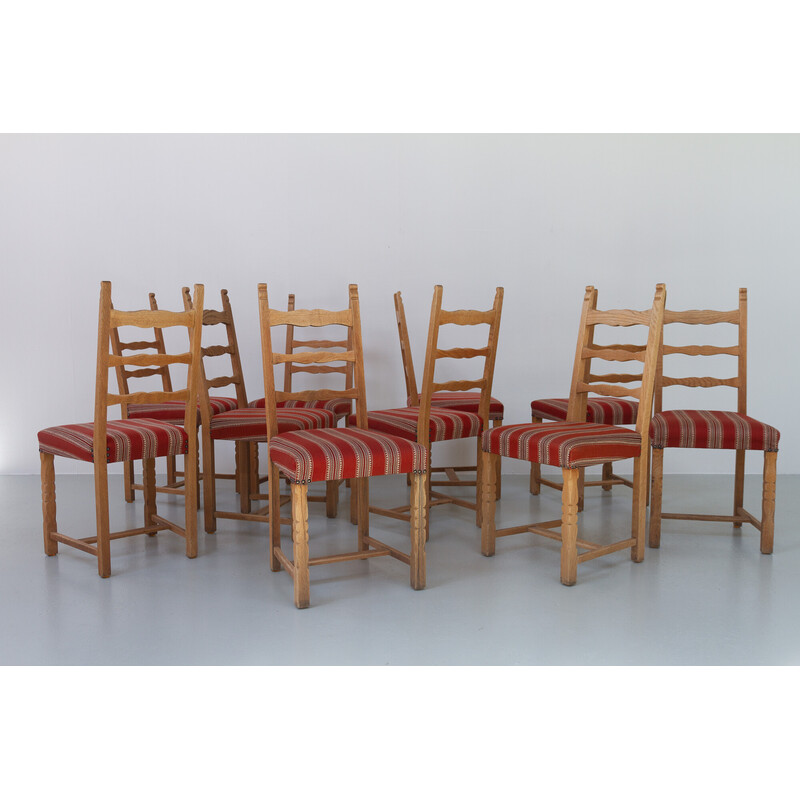 Set of 10 vintage Danish Brutalist ladder back oakwood dining chairs, 1960s