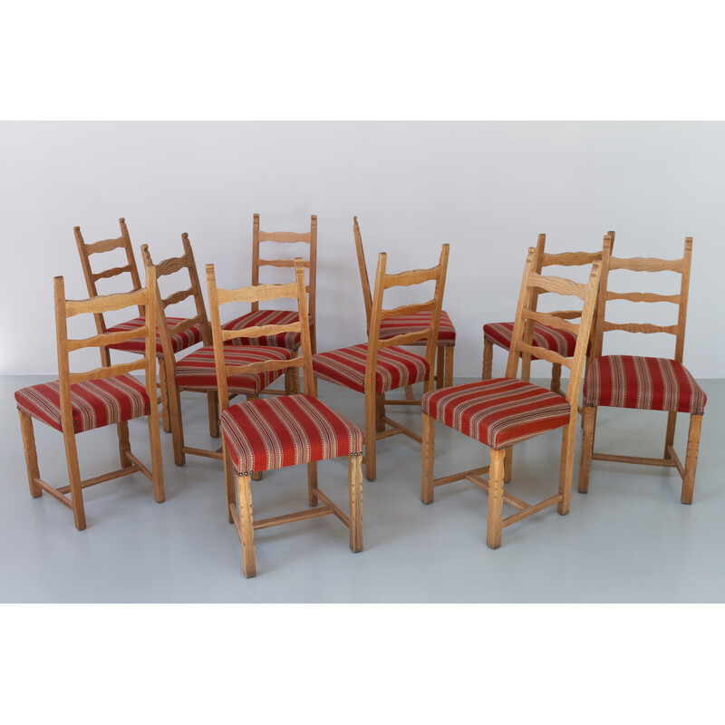 Set of 10 vintage Danish Brutalist ladder back oakwood dining chairs, 1960s