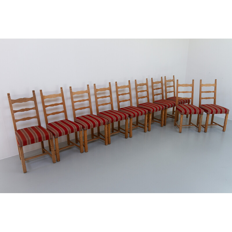 Set di 10 sedie da pranzo danese brutalista vintage con schienale a scaletta in legno di quercia, anni '60