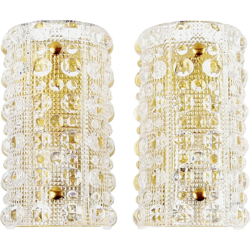 Pair of vintage Scandinavian glass and brass wall lamps Venus model by Carl Fagerlund for Orrefors, 1960s