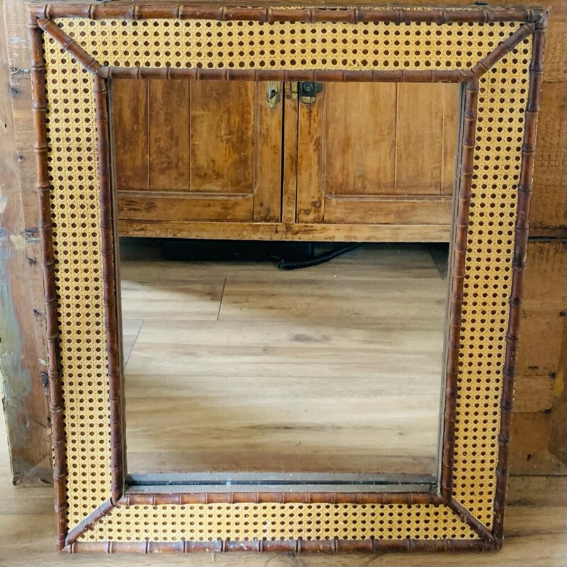 Vintage-Spiegel aus Holz und Rohrgeflecht