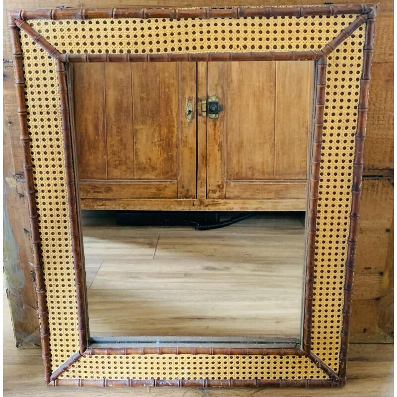Vintage-Spiegel aus Holz und Rohrgeflecht