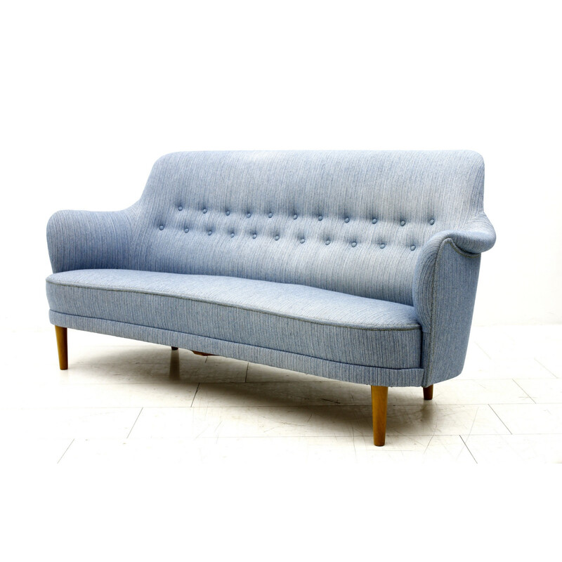 Blue cotton 3-seater sofa by Carl Malmsten Sweden - 1940s