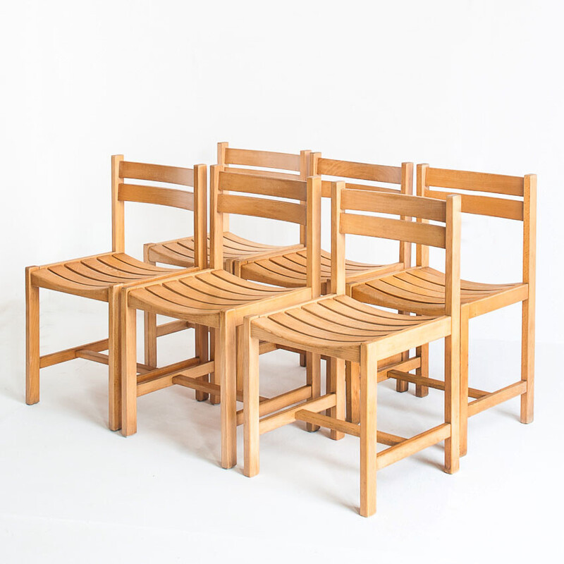 Set of 6 vintage solid beechwood chairs by André Sornay, France 1960