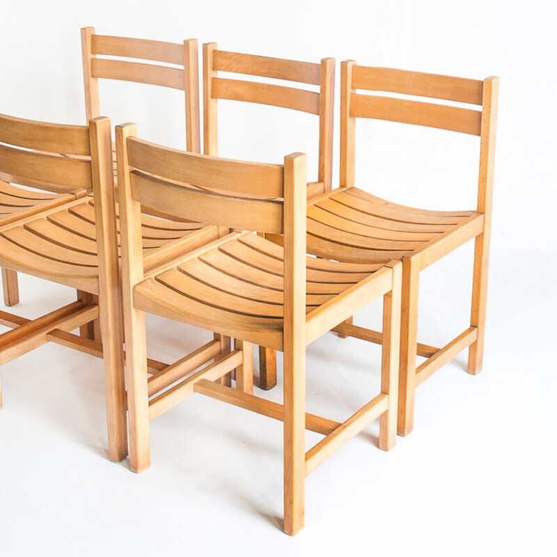 Set of 6 vintage solid beechwood chairs by André Sornay, France 1960