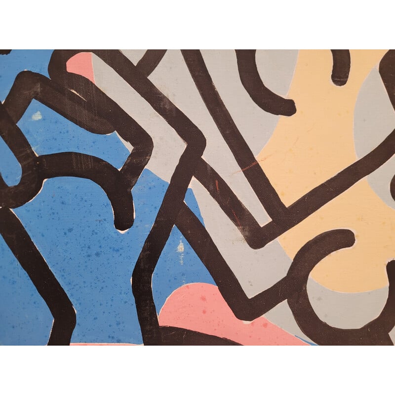 Huile sur toile vintage "Composition" de Keith Haring, 1980
