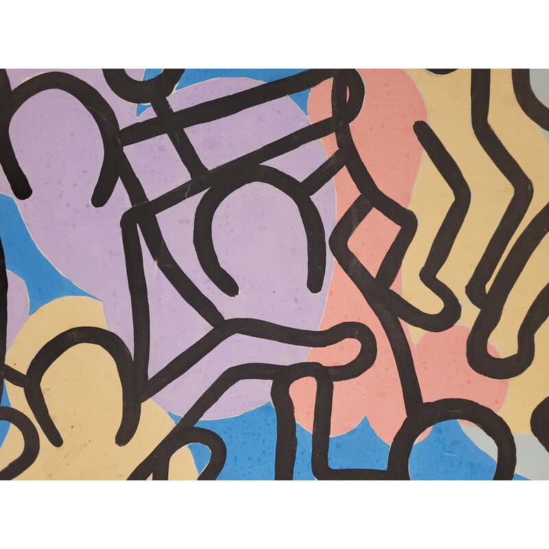 Huile sur toile vintage "Composition" de Keith Haring, 1980