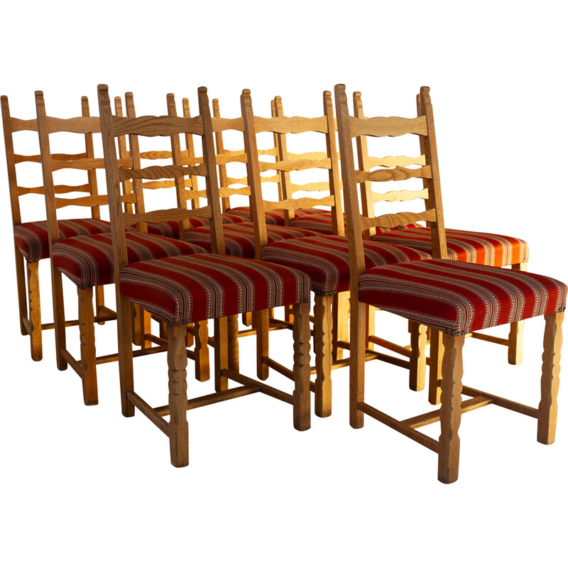 Set of 10 vintage Danish Brutalist ladder back oakwood dining chairs, 1960s