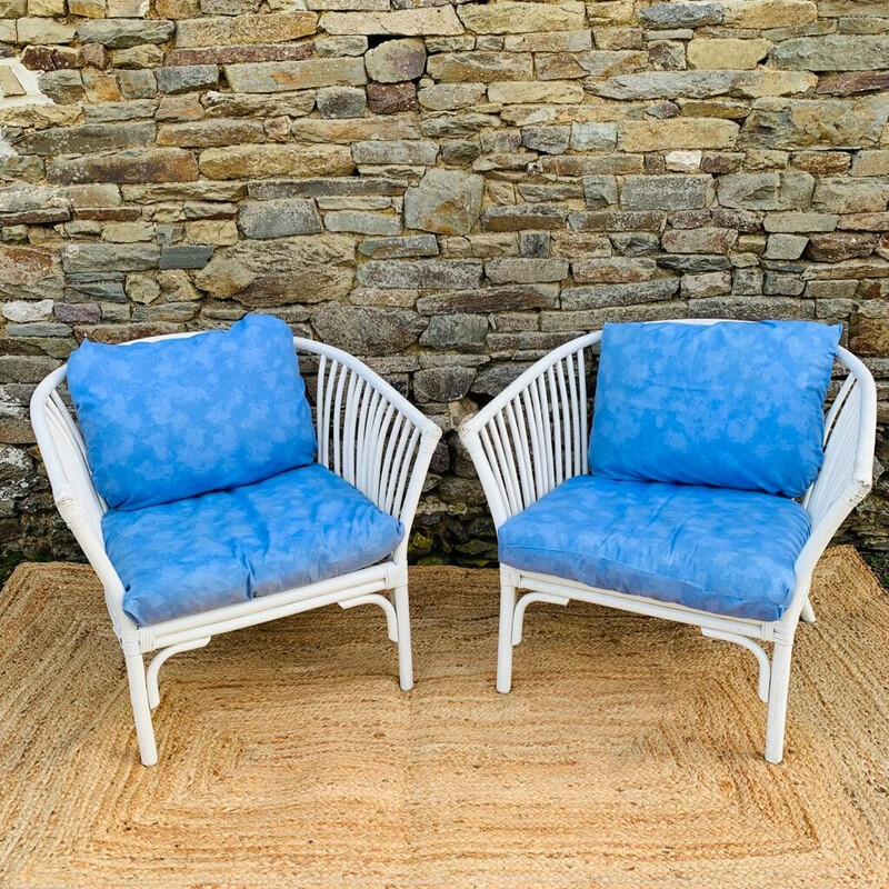 Vintage white rattan living room set, 1970