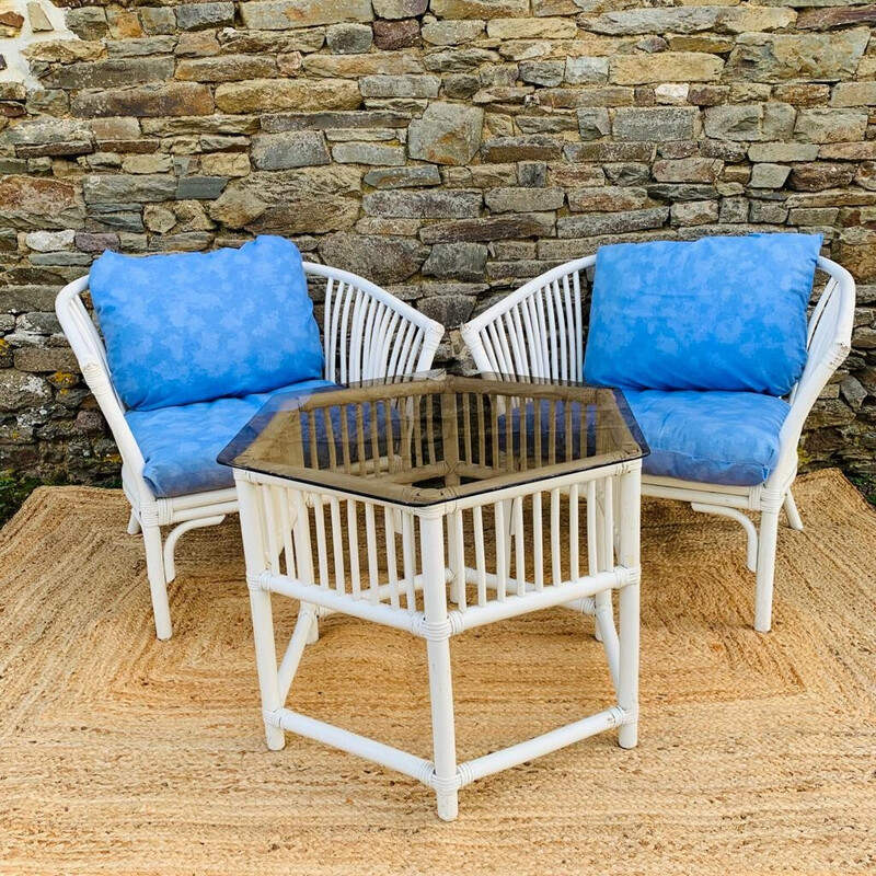 Vintage white rattan living room set, 1970