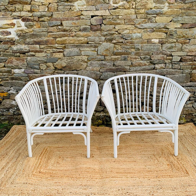 Vintage white rattan living room set, 1970