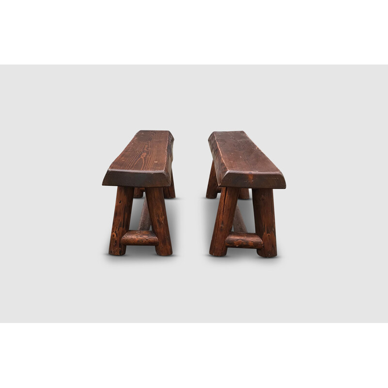 Pair of vintage Brutalist solid oakwood benches, France 1970s