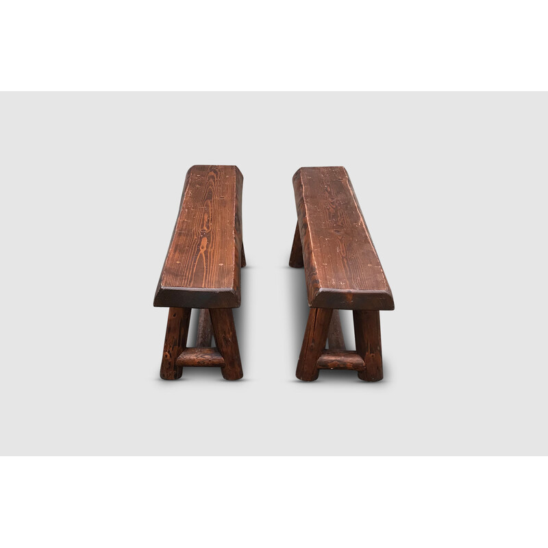 Pair of vintage Brutalist solid oakwood benches, France 1970s