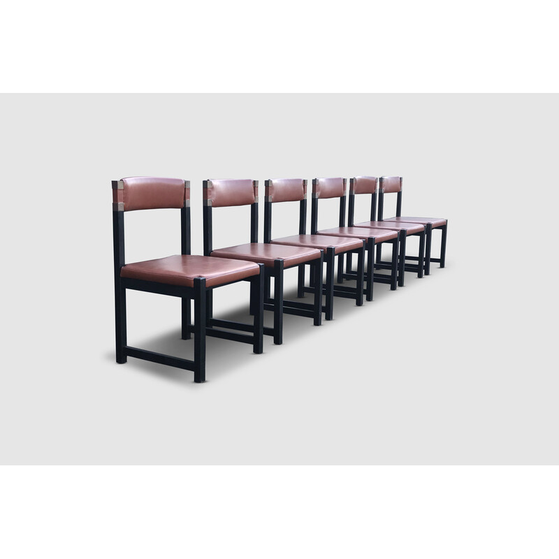 Set of 6 vintage brutalist stained oak dinning chair by Emiel Veranneman for de coene Belgium 1970s