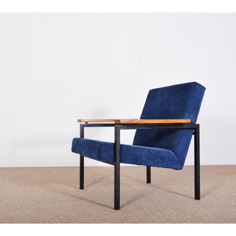 Blue easy chair in steel and fabric model 30 by Gijs Van Der Sluis - 1960s