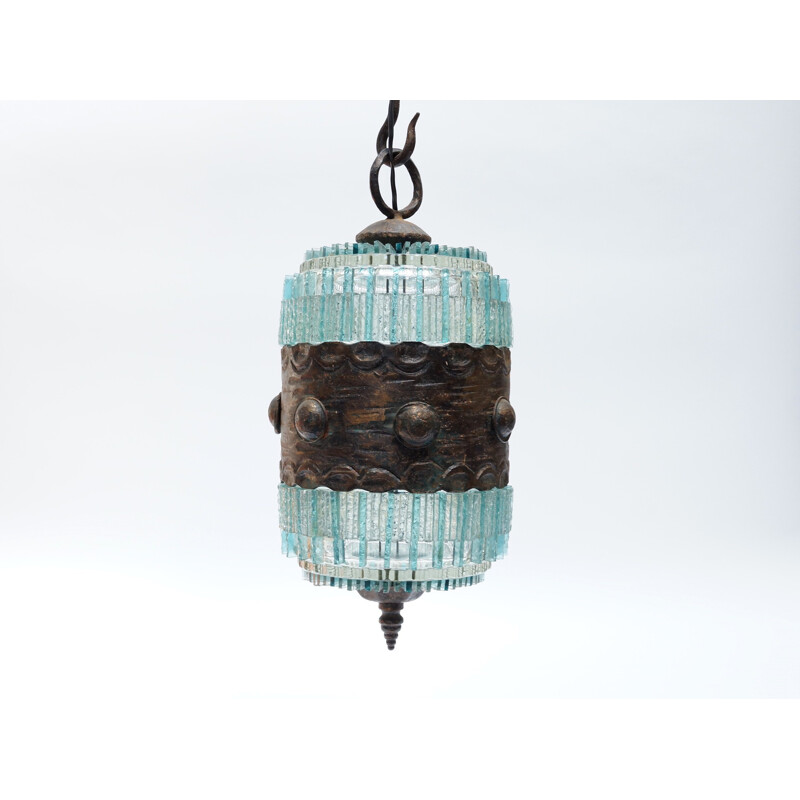 Hanglamp van blauw glas en brons - 1970