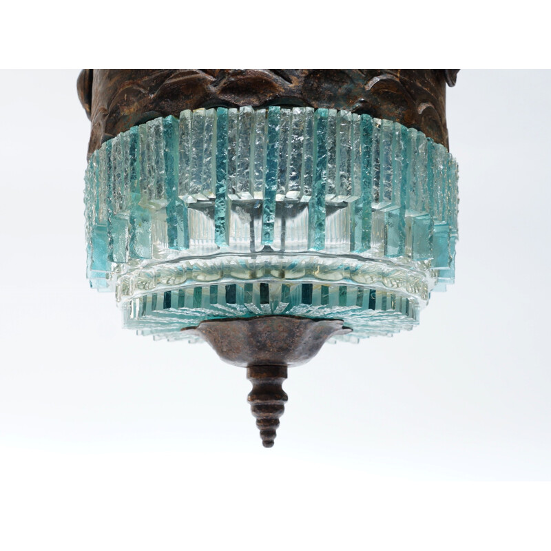 Blue hanging lamp in bronze and glass - 1970s