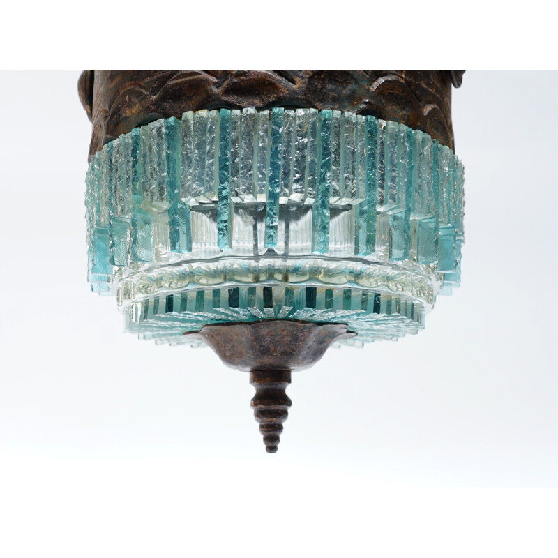 Lámpara de suspensión de vidrio azul y bronce - 1970