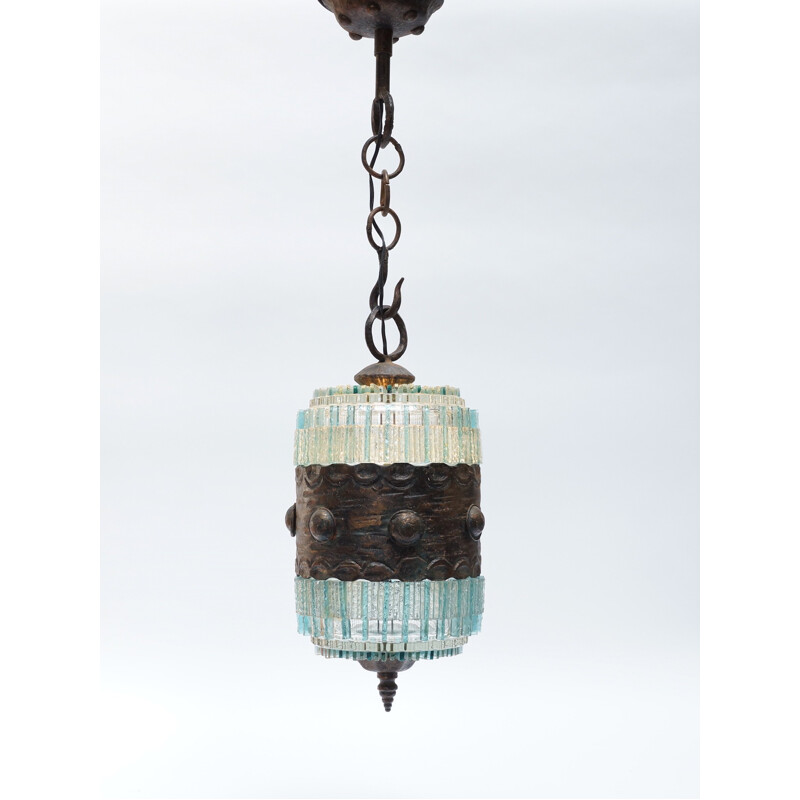 Hanglamp van blauw glas en brons - 1970