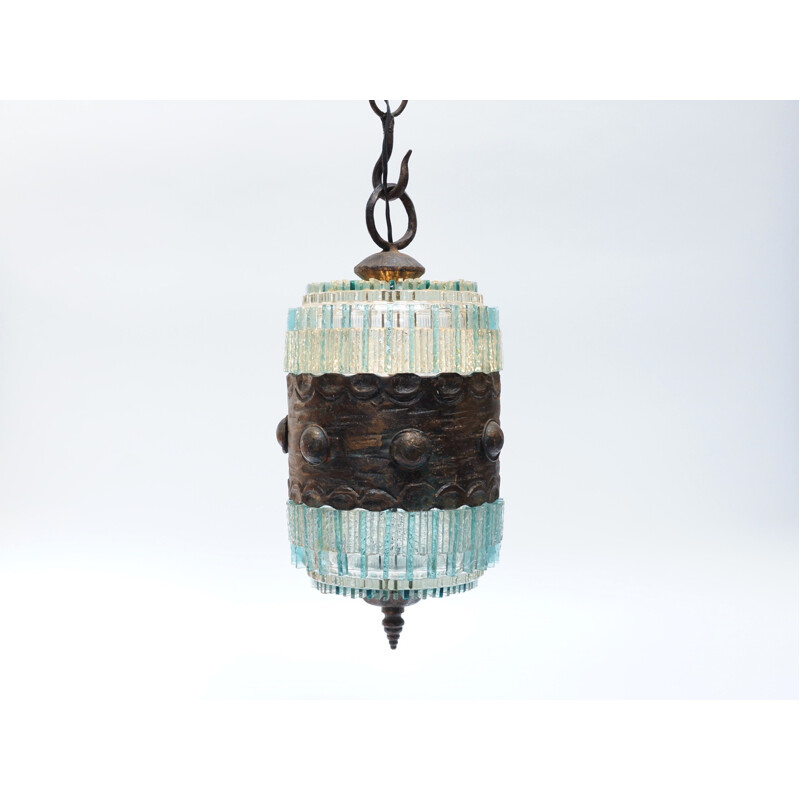 Blue hanging lamp in bronze and glass - 1970s