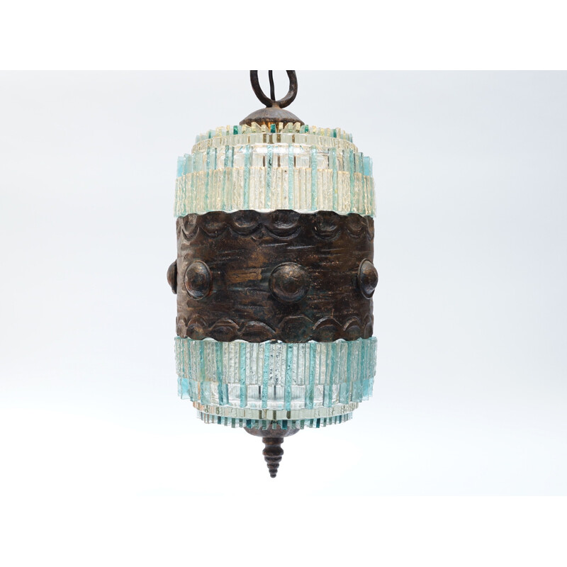 Blue hanging lamp in bronze and glass - 1970s