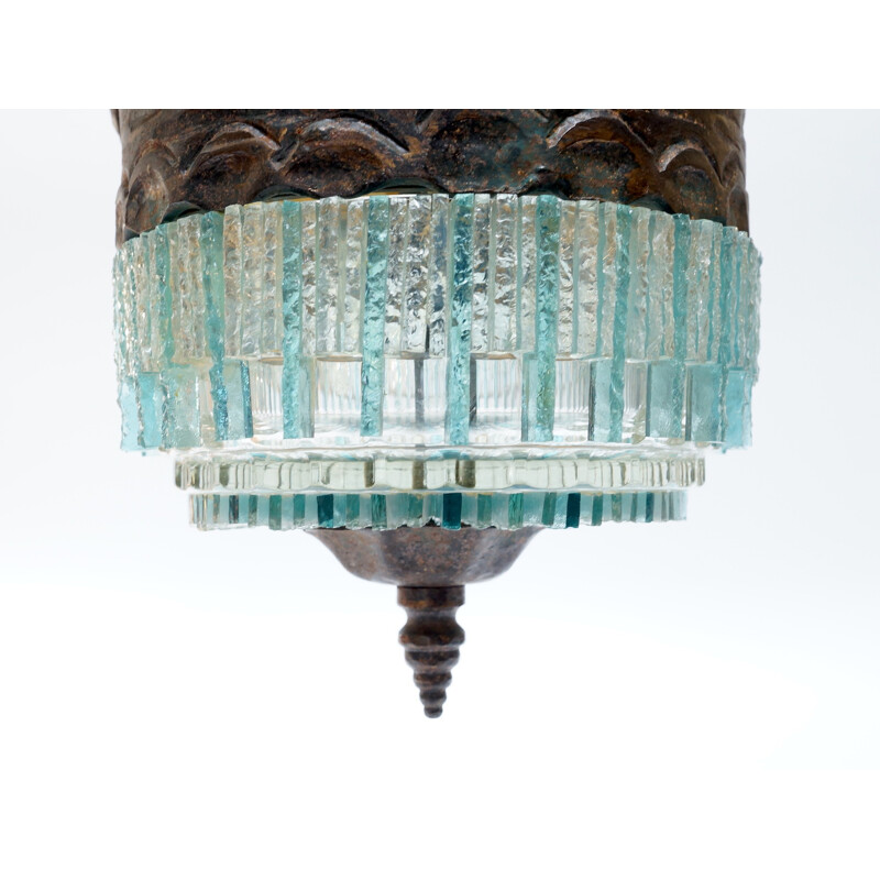 Hanglamp van blauw glas en brons - 1970