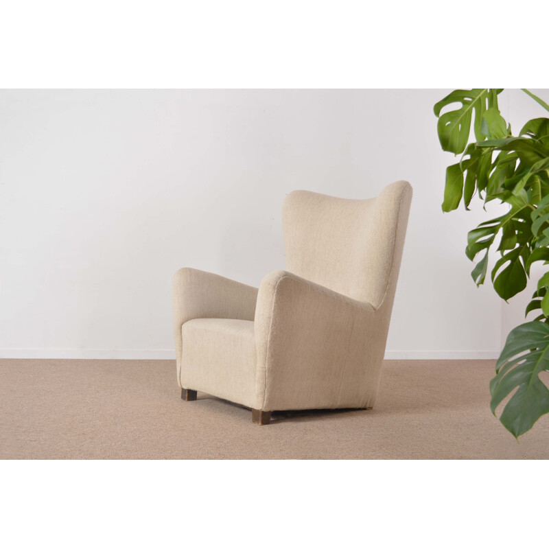 Beige armchair in wool and wood - 1940s