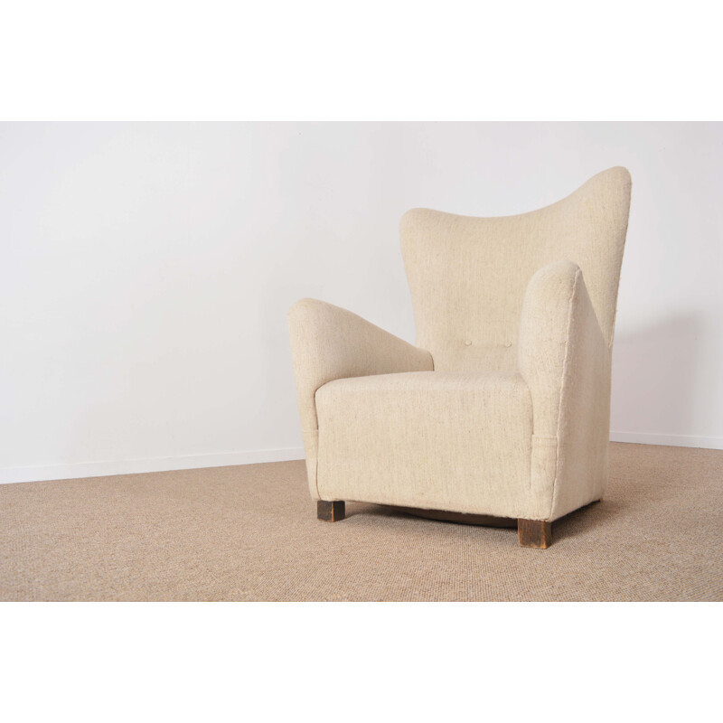 Beige armchair in wool and wood - 1940s