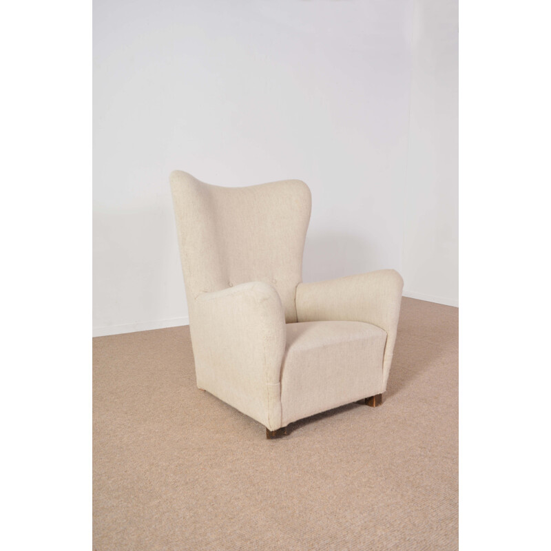 Beige armchair in wool and wood - 1940s