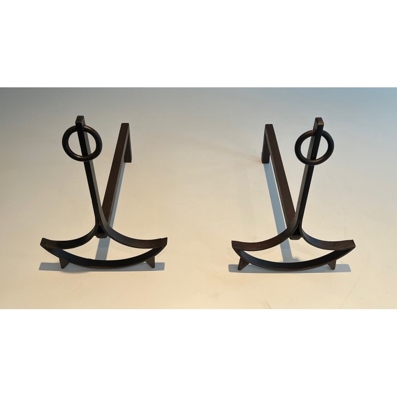 Pair of vintage modernist wrought-iron andirons, 1970