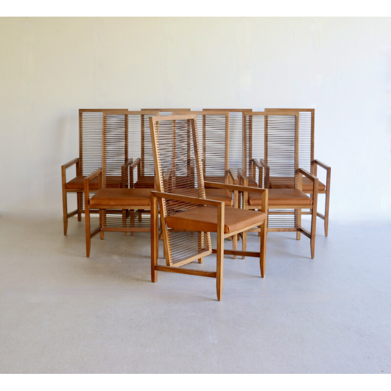 Set of 8 vintage wood and leather armchairs, Italy 1960