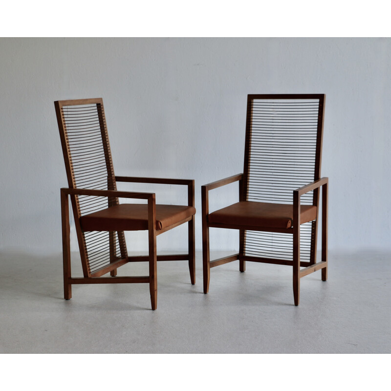 Set of 8 vintage wood and leather armchairs, Italy 1960