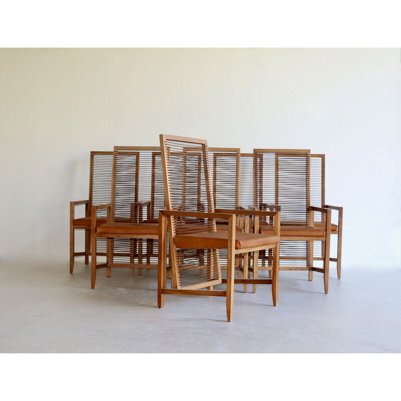 Set van 8 vintage houten en leren fauteuils, Italië 1960