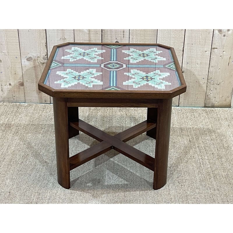 Vintage Art Deco side table in mahogany, fabric and glass
