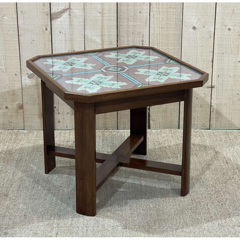Vintage Art Deco side table in mahogany, fabric and glass
