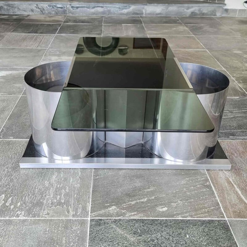 Vintage metal and smoked glass coffee table by Lodovico Acerbis for Acerbis, 1970