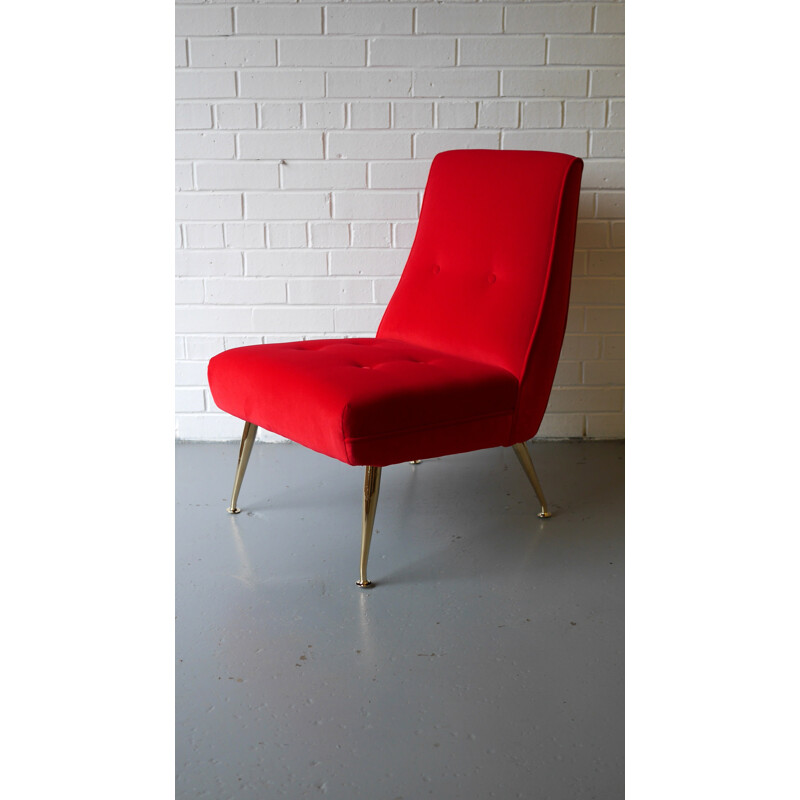 Chaise rouge vintage en velours - 1950