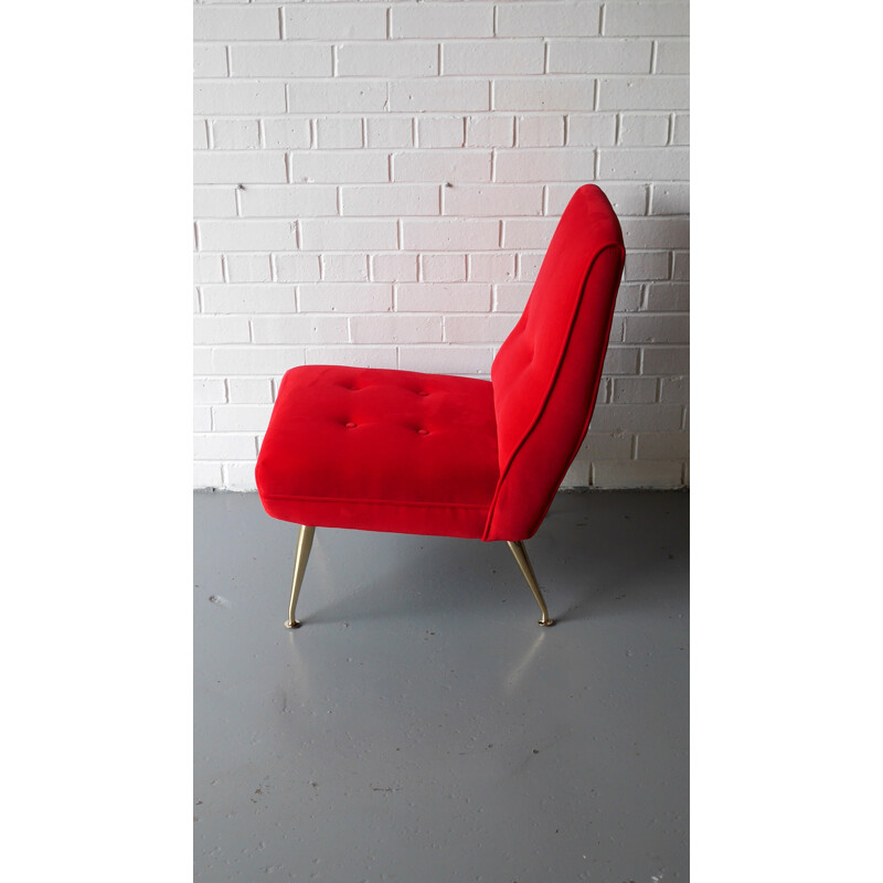 Chaise rouge vintage en velours - 1950