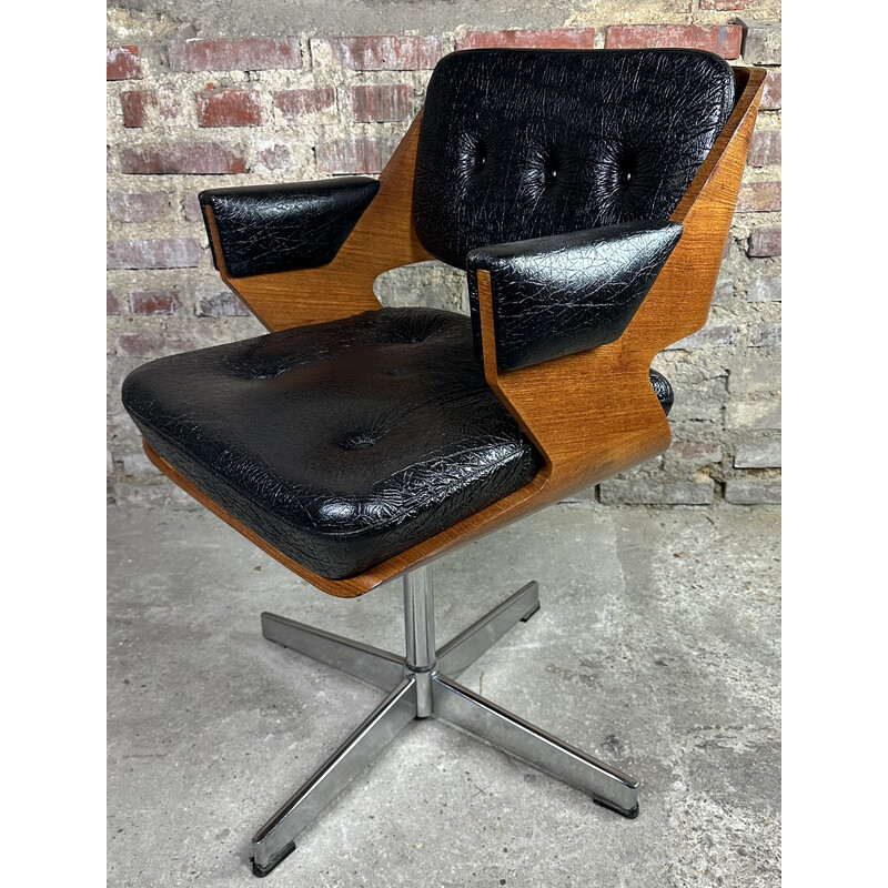 Vintage swivel armchair in ash and faux leather by Martin Stoll, Switzerland 1960