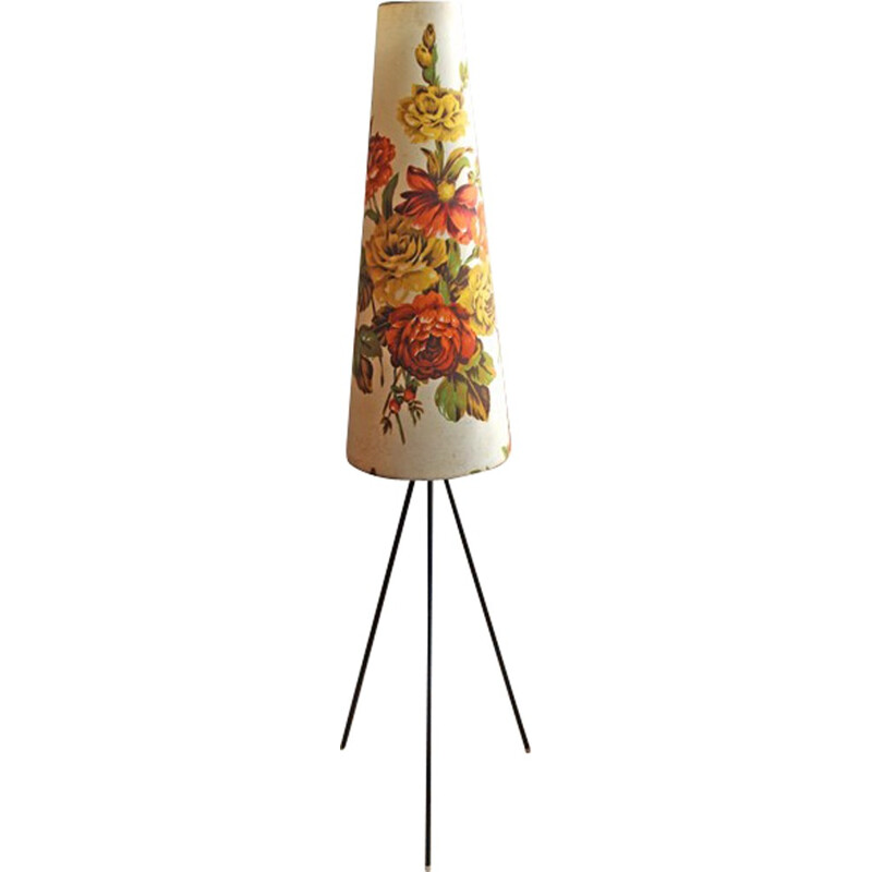 Lampadaire tripode abat jour à motif floraux - 1950