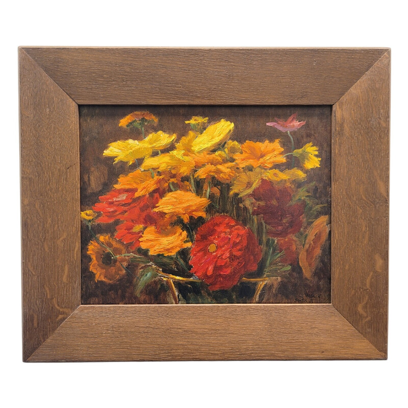 Oil on vintage paper "Bouquet of flowers" by Charles Wislin, France 1931