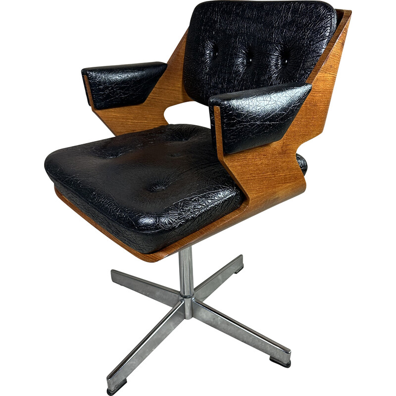 Fauteuil tournant vintage en frêne et simili de Martin Stoll, Suisse 1960