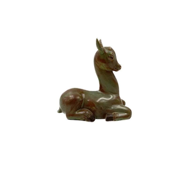 Vintage sculpted figure "crouching deer" in cerbiatto green by Giovanni Gariboldi, Italy 1940