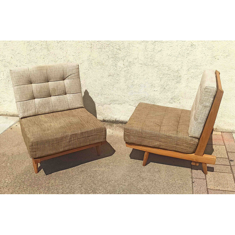 Pair of vintage solid teak armchairs with cushions, 1960
