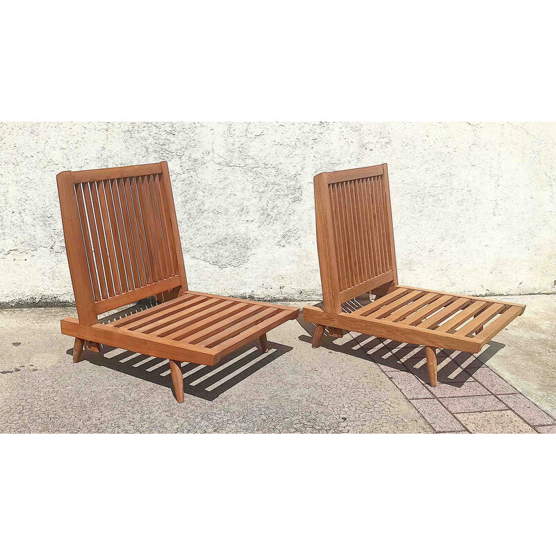 Pair of vintage solid teak armchairs with cushions, 1960